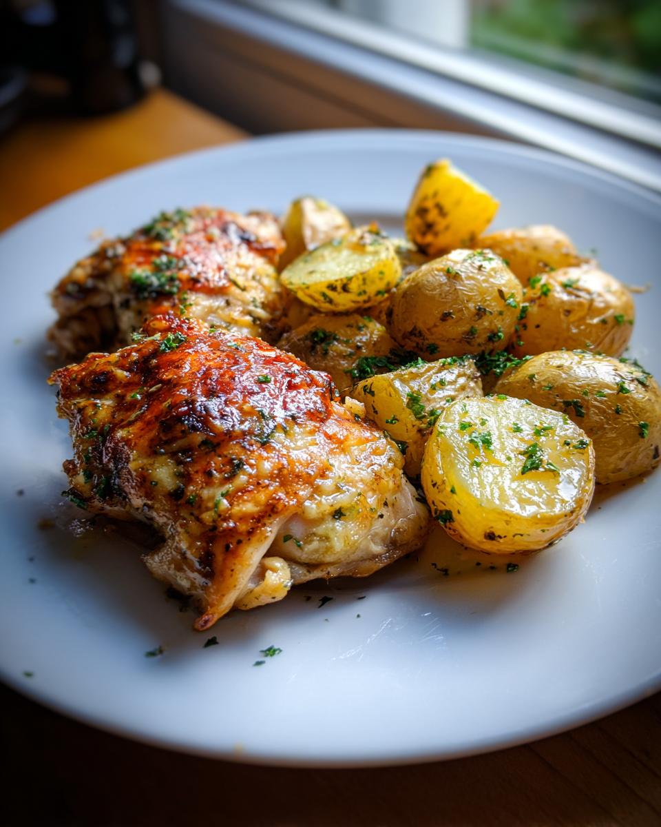 Close-up of a serving of golden-brown garlic parmesan chicken and potatoes garnished with parsley.