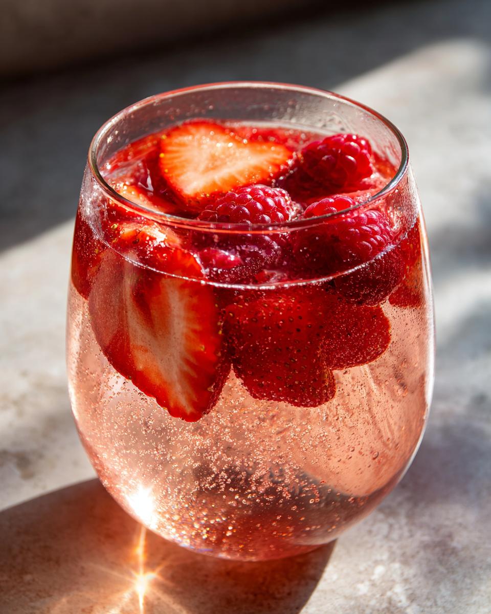 Close-up of a glass filled with bubbly pink champagne punch garnished with fresh strawberries and raspberries.