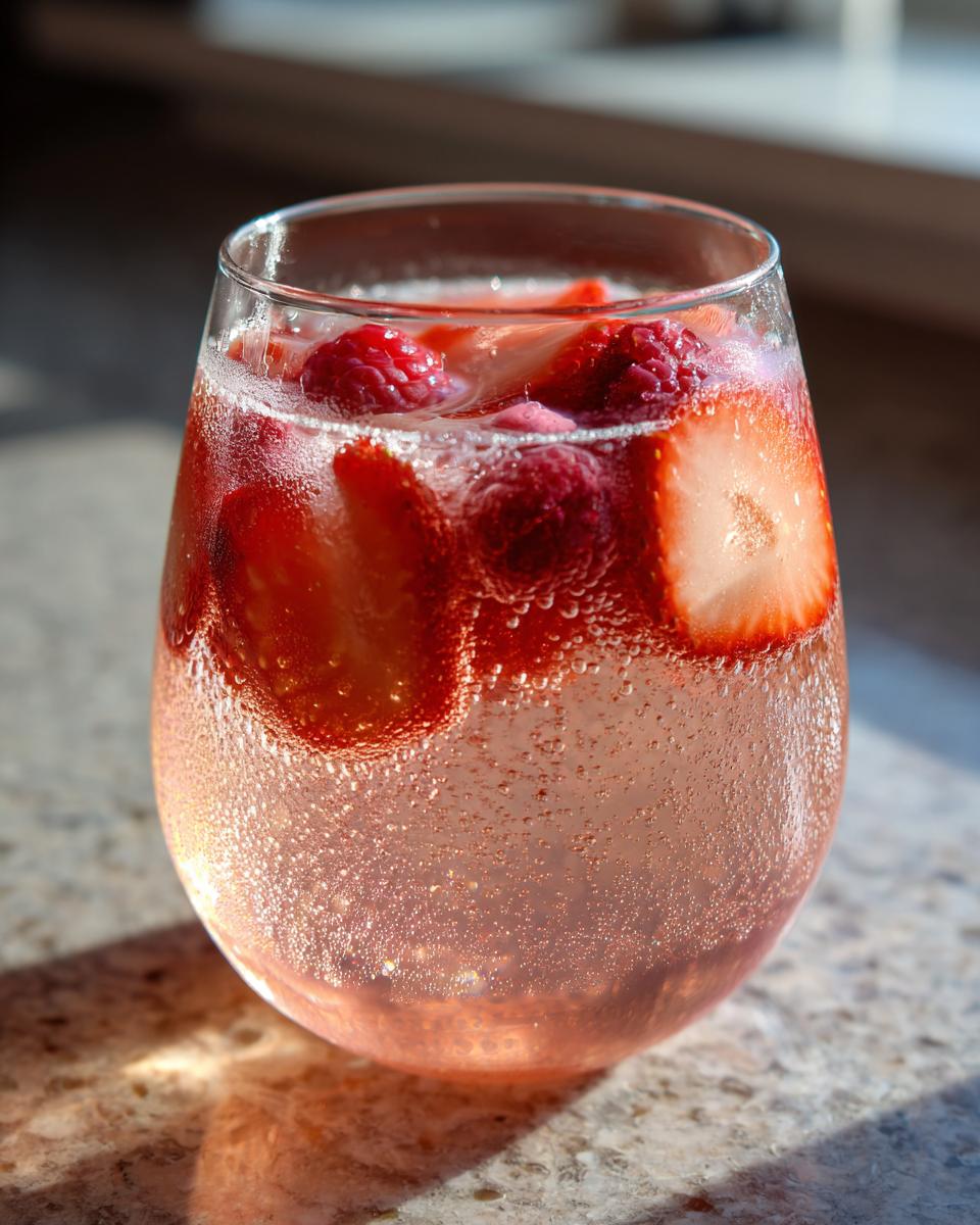 Close-up of a glass filled with sparkling pink champagne punch garnished with fresh strawberries and raspberries.
