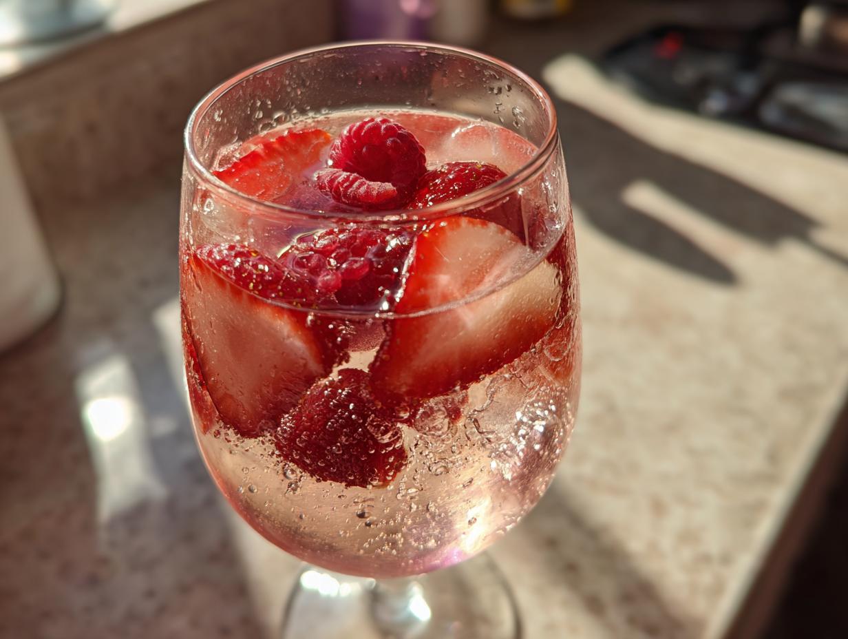 Close-up of a glass filled with bubbly champagne punch, ice, sliced strawberries, and raspberries.