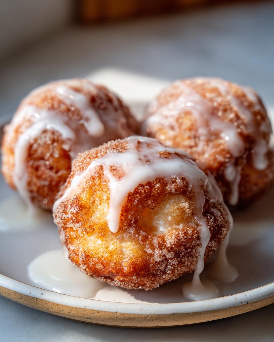 Close-up of three golden brown baked apple fritters coated in cinnamon sugar and drizzled with white vanilla glaze.