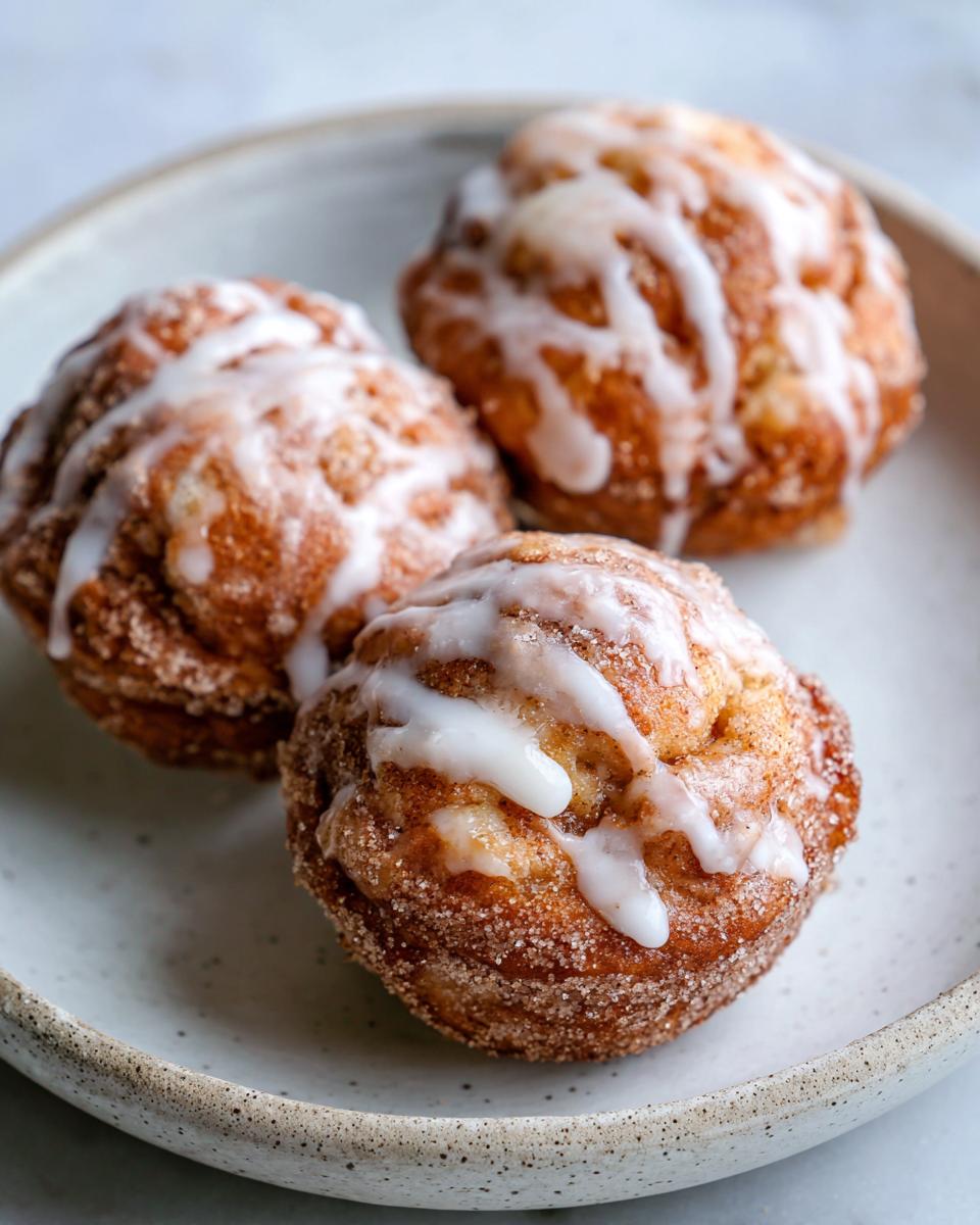 Three delicious baked apple fritters coated in cinnamon sugar and drizzled with white glaze, sitting on a speckled plate.
