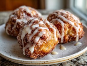 Three golden brown baked apple fritters coated in cinnamon sugar and drizzled with white vanilla glaze.