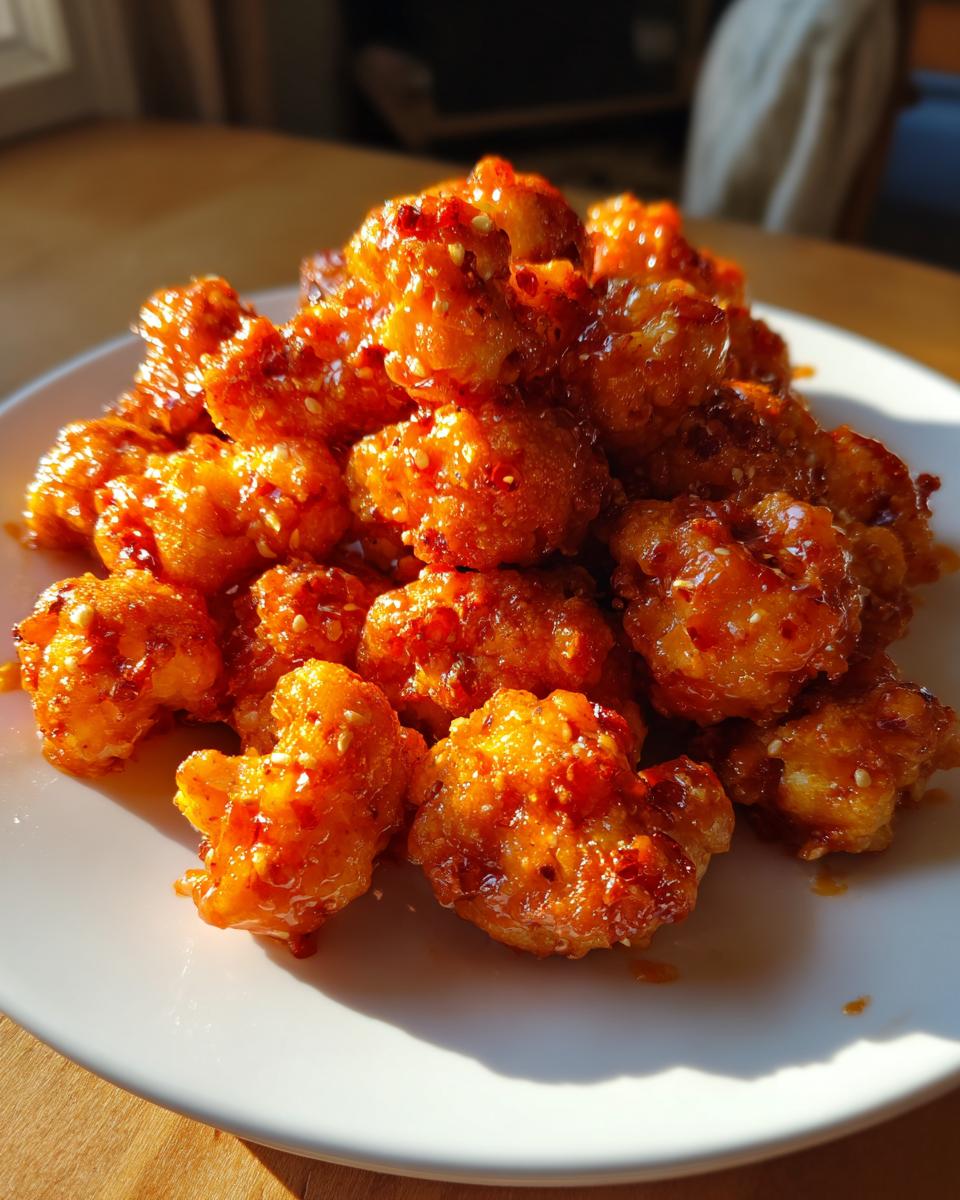 A pile of crispy, orange-glazed buffalo cauliflower bites sprinkled with sesame seeds on a white plate.