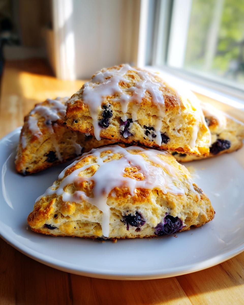 Close-up of three freshly baked lemon blueberry scones topped with a thick white glaze, sitting on a white plate.