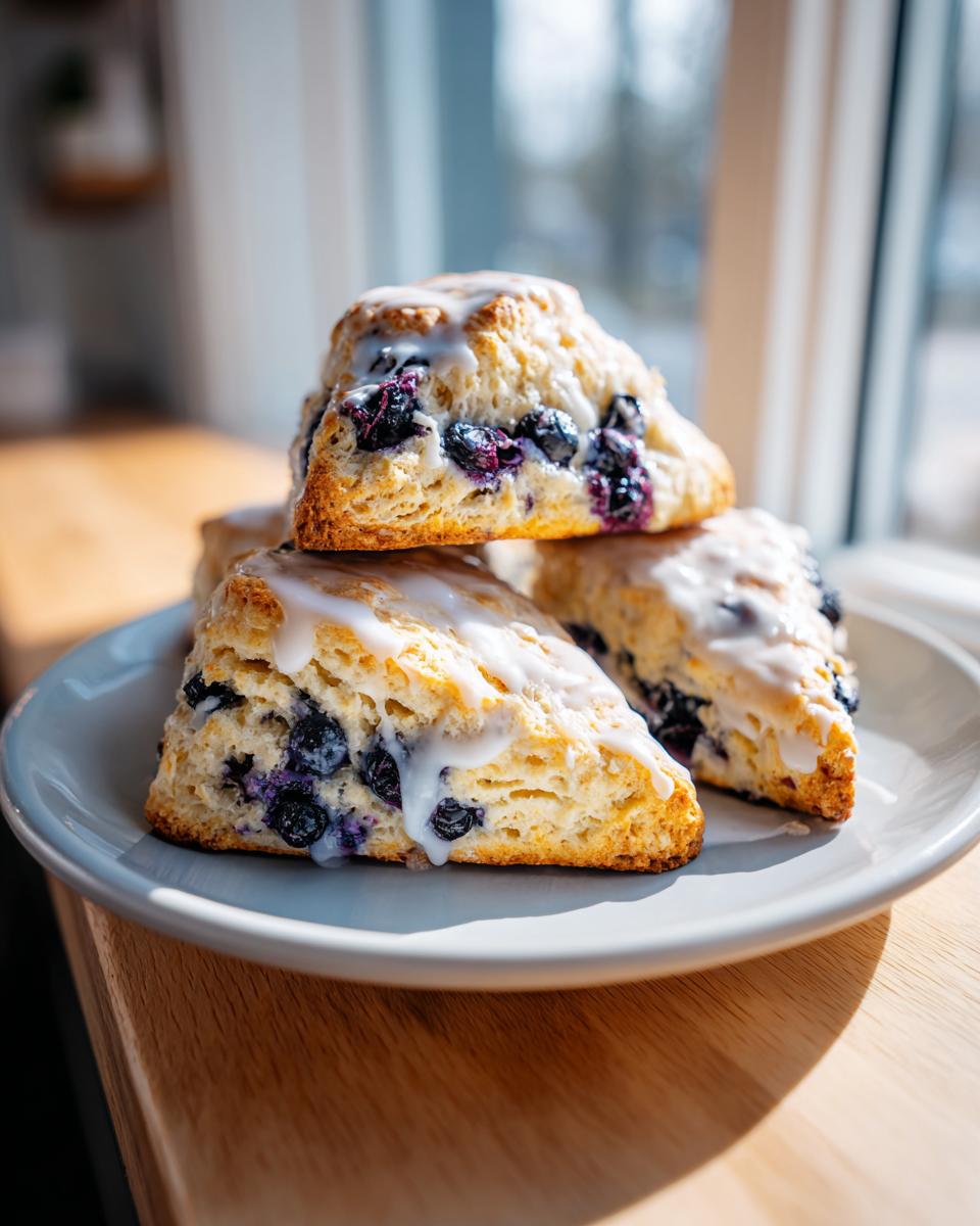 Three freshly baked lemon blueberry scones stacked on a light plate, drizzled with white glaze.