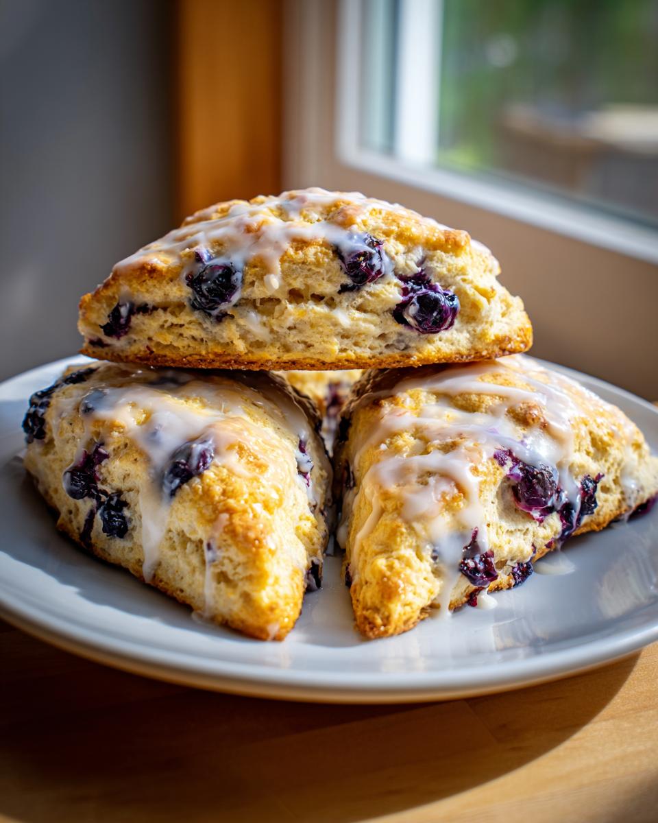 Three golden lemon blueberry scones stacked on a white plate, drizzled with a bright white lemon glaze.