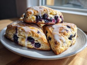 Three freshly baked lemon blueberry scones, drizzled with white glaze, stacked on a white plate.