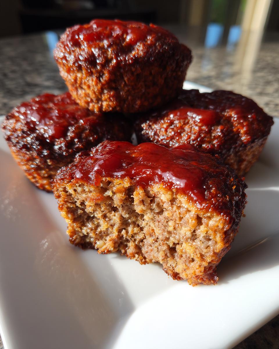 A stack of four moist mini meatloaf muffins topped with shiny red glaze, one is bitten into showing the texture.