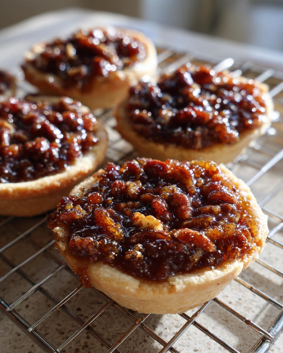 Close-up of several small, tart-like pecan pie cookies with a shiny, dark caramel pecan topping cooling on a wire rack.