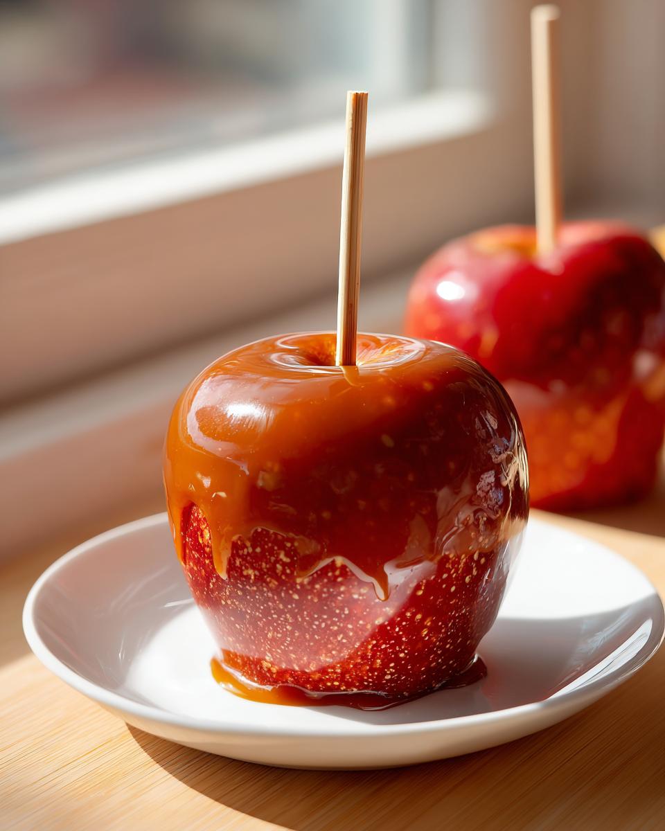 A perfectly coated, glossy caramel apple on a small white plate, ready to eat. Another caramel apple is visible in the background.