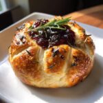 Close-up of a golden, flaky pastry wrapped baked brie topped with dark fruit jam and fresh rosemary sprigs.