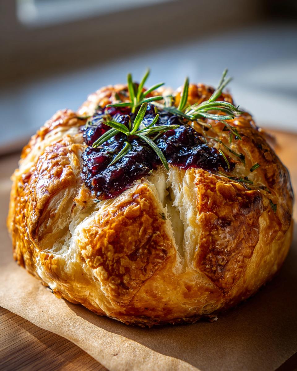A golden, flaky baked brie wrapped in puff pastry, topped with dark berry jam and fresh rosemary sprigs.