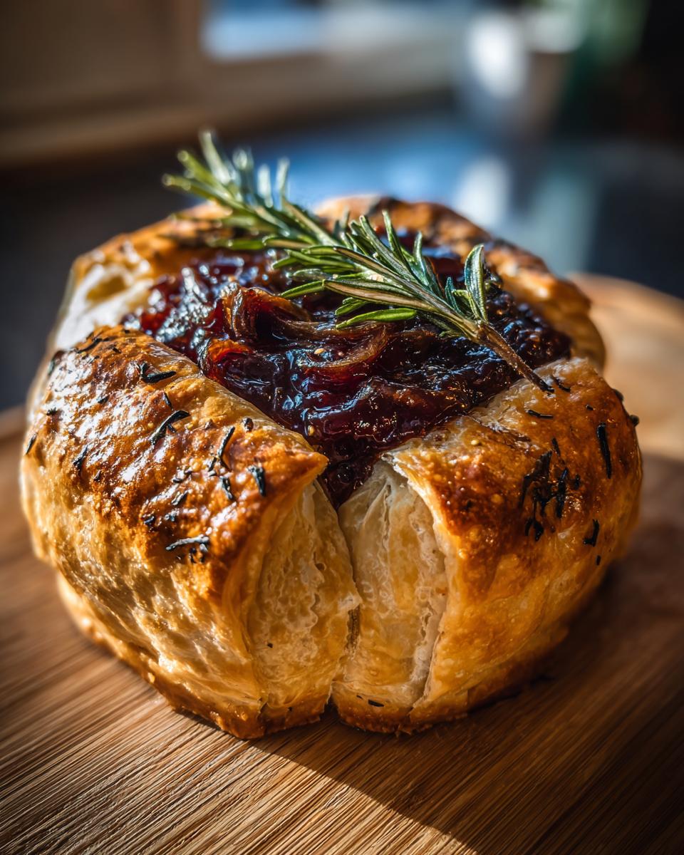 Close-up of a golden, flaky pastry wrapped baked brie topped with dark jam and a fresh rosemary sprig.