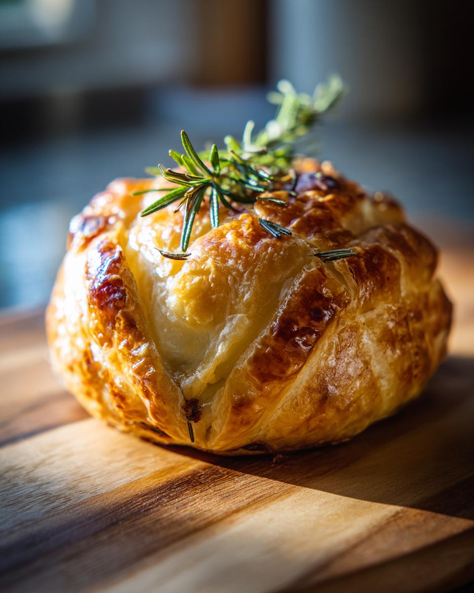 A golden brown, round baked brie wrapped in flaky puff pastry and garnished with fresh rosemary sprigs.
