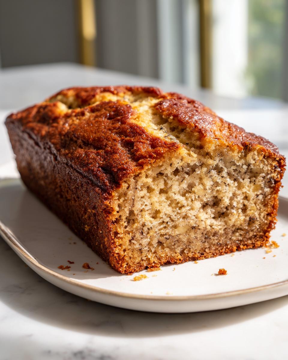 A freshly baked loaf of moist banana bread recipe, sliced to show the crumb texture, resting on a white plate.
