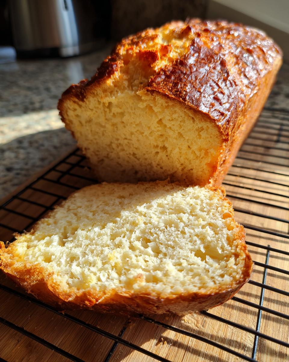 A golden-crusted loaf of homemade beer bread with one thick slice cut, resting on a cooling rack.