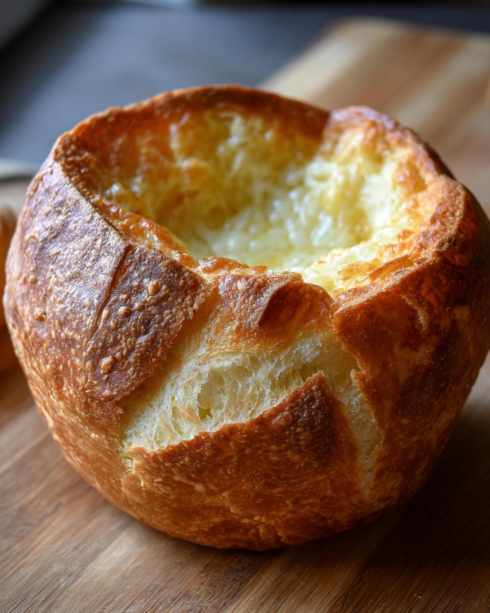 Close-up of a freshly baked, golden-brown bread bowl with the top hollowed out and filled with melted cheese.