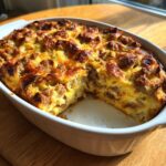 A golden-brown, baked christmas breakfast casserole with sausage and eggs in a white oval baking dish, with one serving removed.