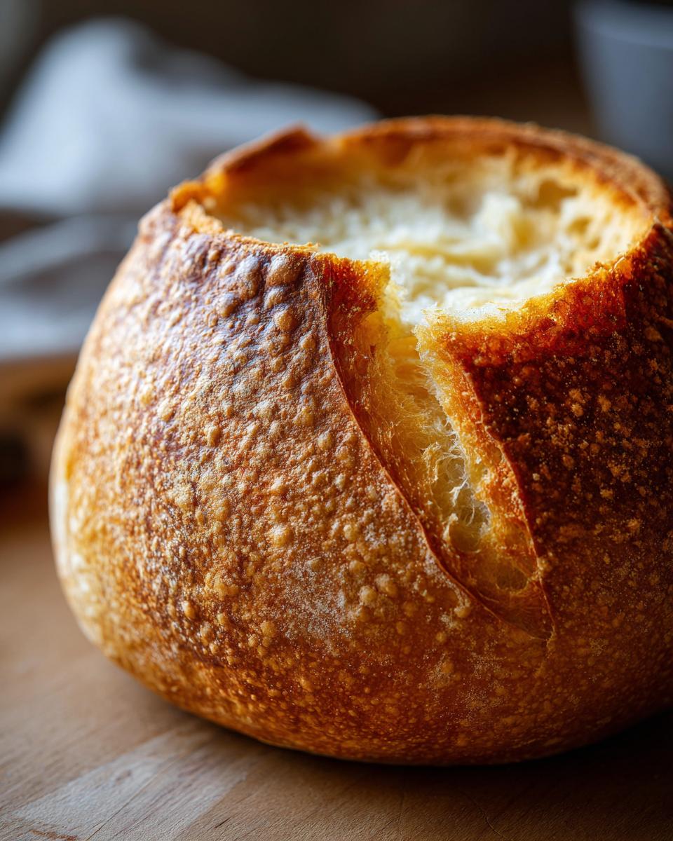 Close-up of a perfectly baked, round bread bowl with a deep golden-brown, textured crust, ready to be filled.