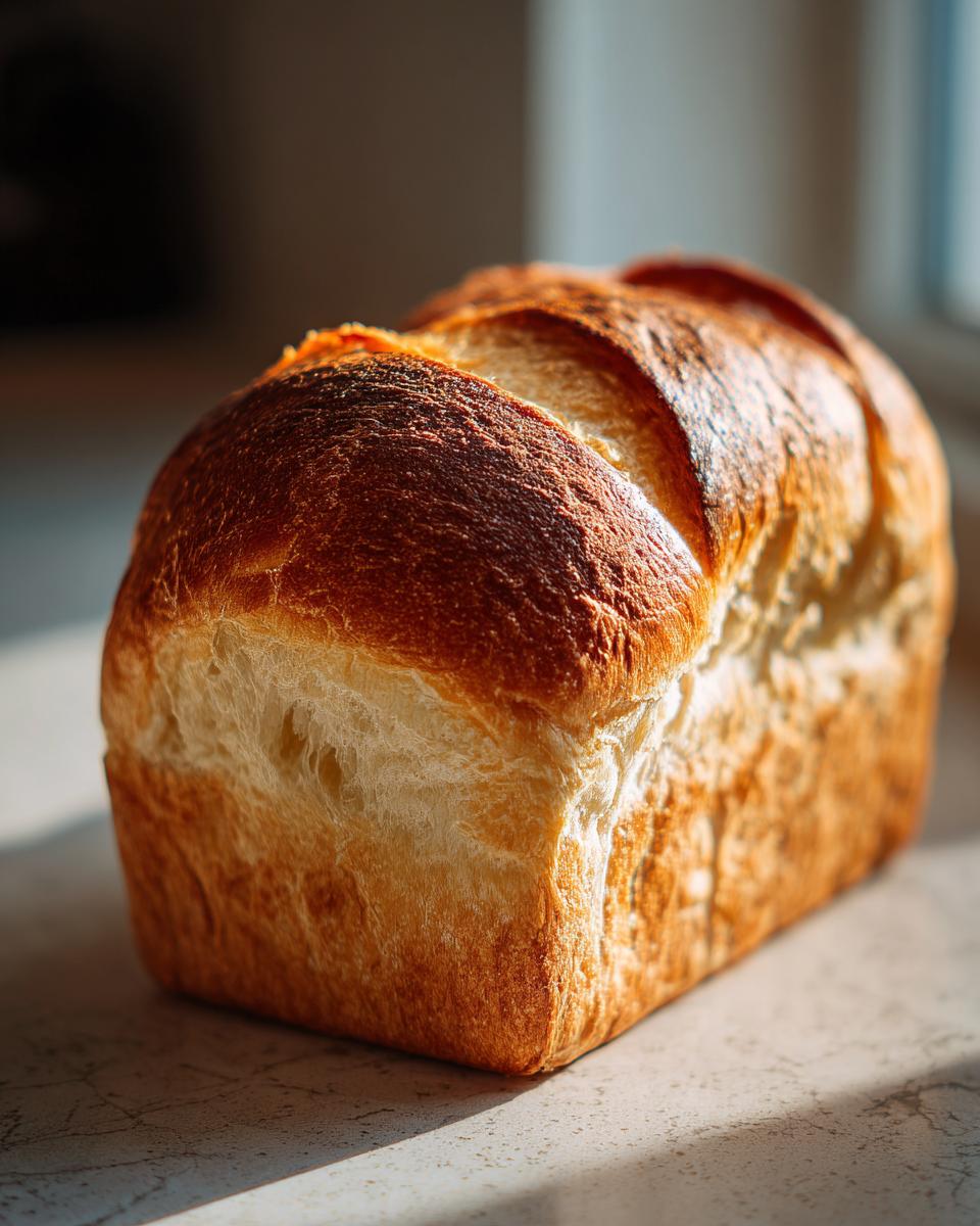 A perfectly baked loaf of Japanese milk bread with a golden-brown, scored crust resting on a light countertop.