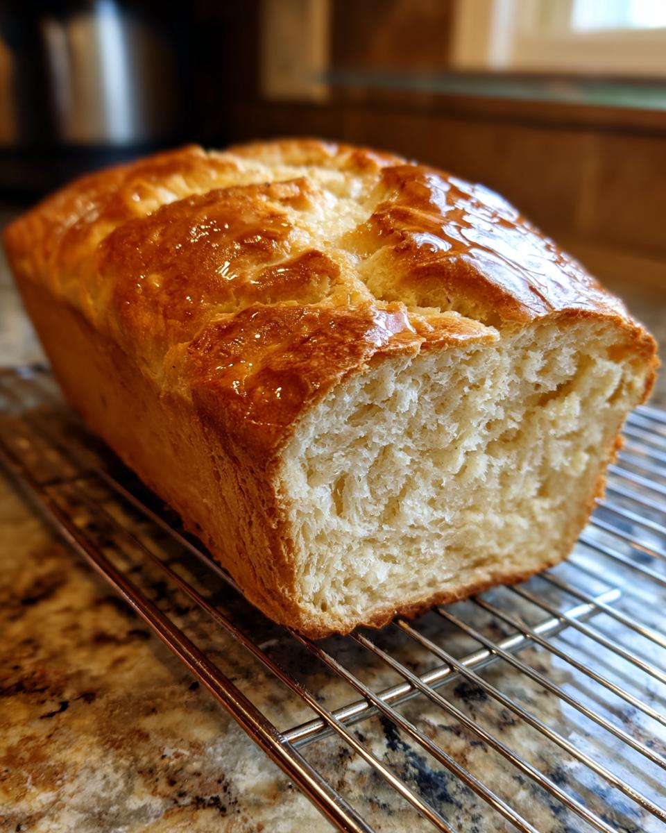 A freshly baked loaf of golden brown beer bread cooling on a wire rack, showing a glossy top crust and soft interior.