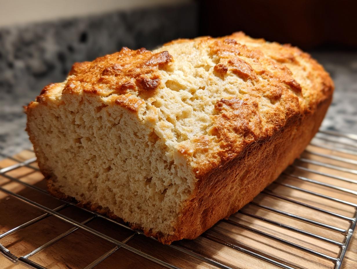 A freshly baked loaf of golden brown beer bread cooling on a wire rack.