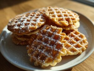 A stack of freshly made, golden pizzelle cookies lightly dusted with powdered sugar on a white plate.