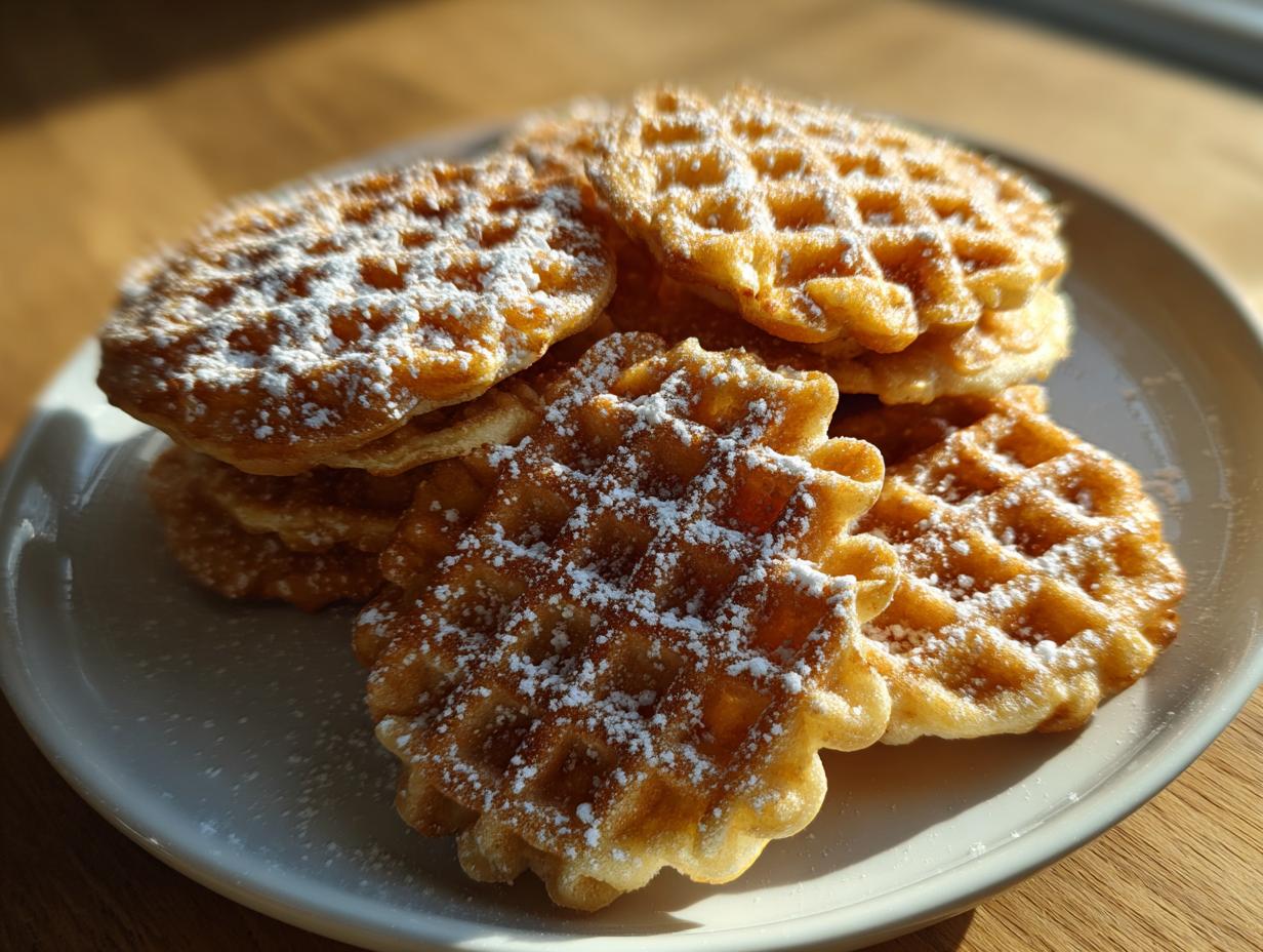 A stack of freshly made, golden pizzelle cookies lightly dusted with powdered sugar on a white plate.