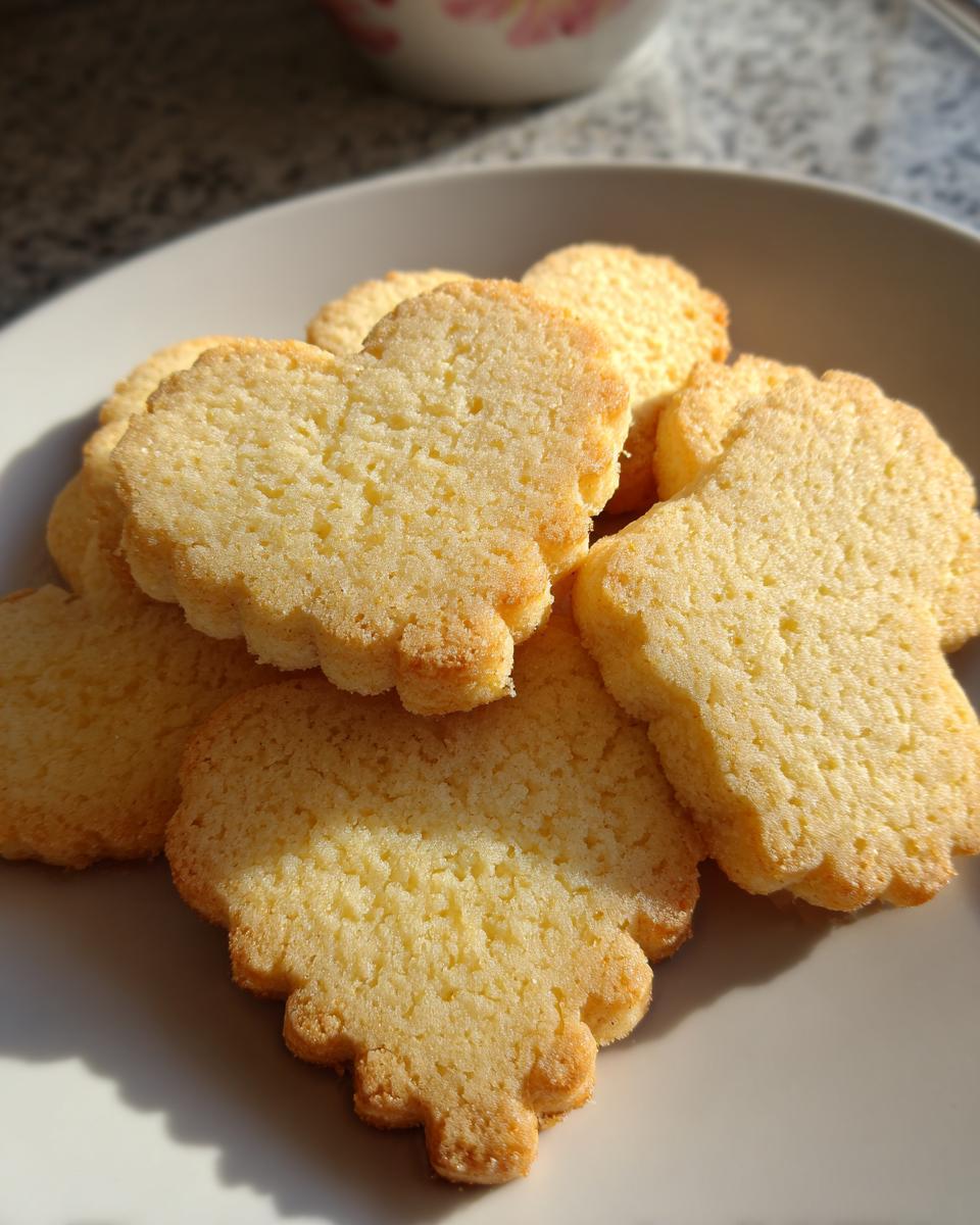 A close-up of several golden-brown vegan sugar cookies with scalloped edges stacked on a white plate.