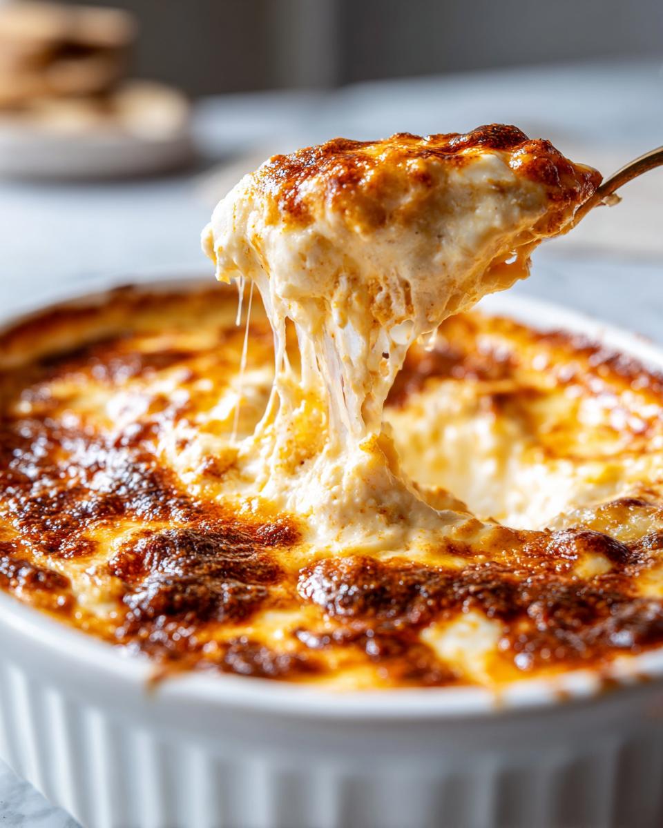 A spoonful of hot, gooey chili cheese dip showing extreme cheese pull over a baked white dish.