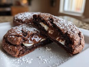 A rich, fudgy hot chocolate cookie cut in half showing melted chocolate and marshmallow filling, dusted with powdered sugar.