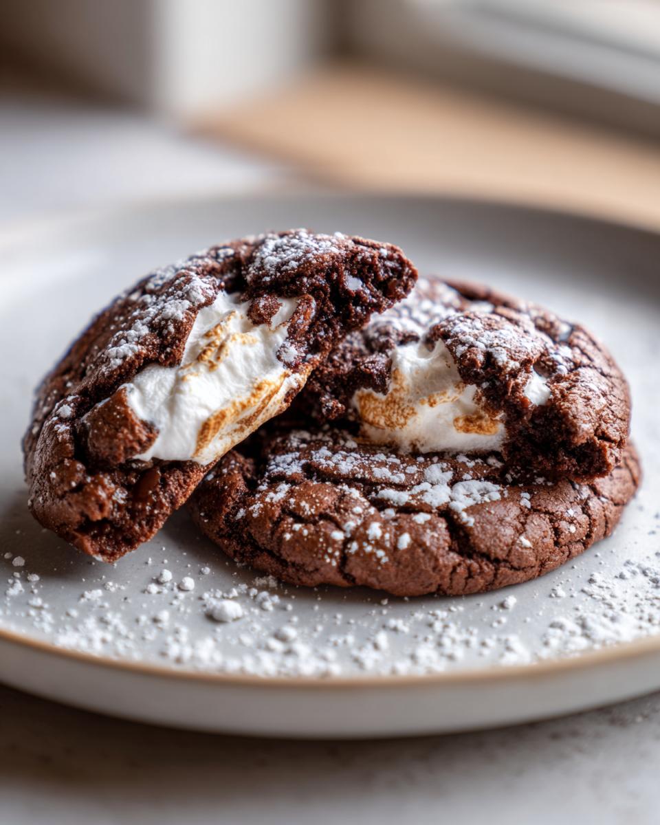 A rich, dark chocolate hot chocolate cookie broken in half, revealing a melted marshmallow center, dusted with powdered sugar.