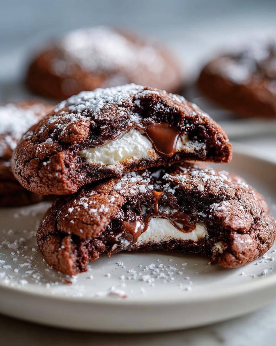 Two halves of a rich, dark hot chocolate cookie broken open to show a melted marshmallow center and flowing chocolate.