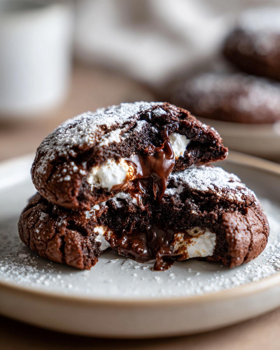 Two halves of a rich, dark hot chocolate cookies stacked, revealing a gooey melted chocolate and marshmallow center.