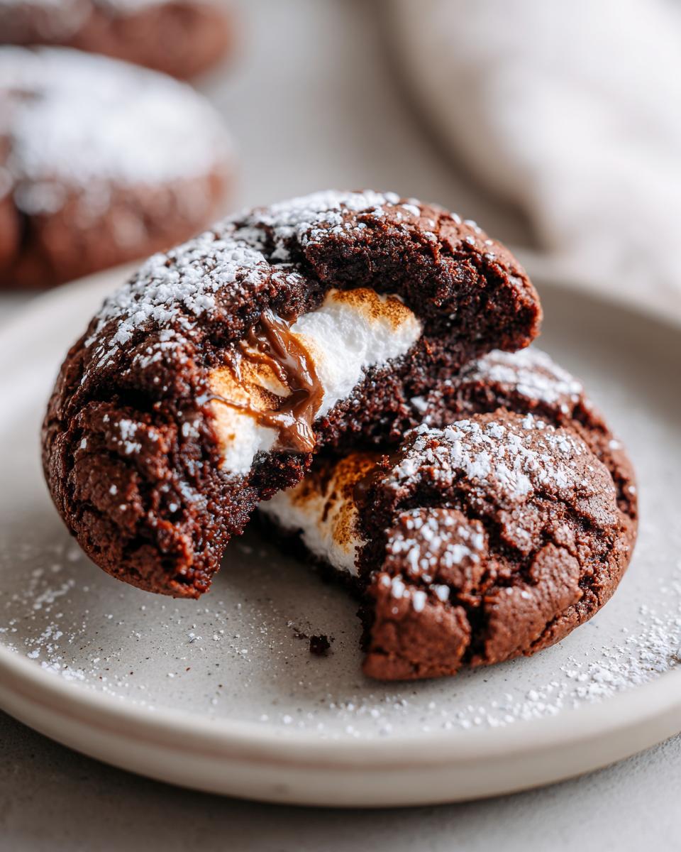 Close-up of a rich, dark hot chocolate cookies broken in half, showing a melted marshmallow center and powdered sugar dusting.