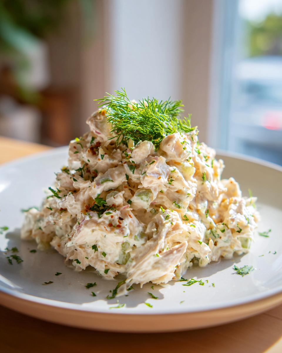 A mound of creamy greek yogurt chicken salad garnished with fresh dill and parsley on a white plate.