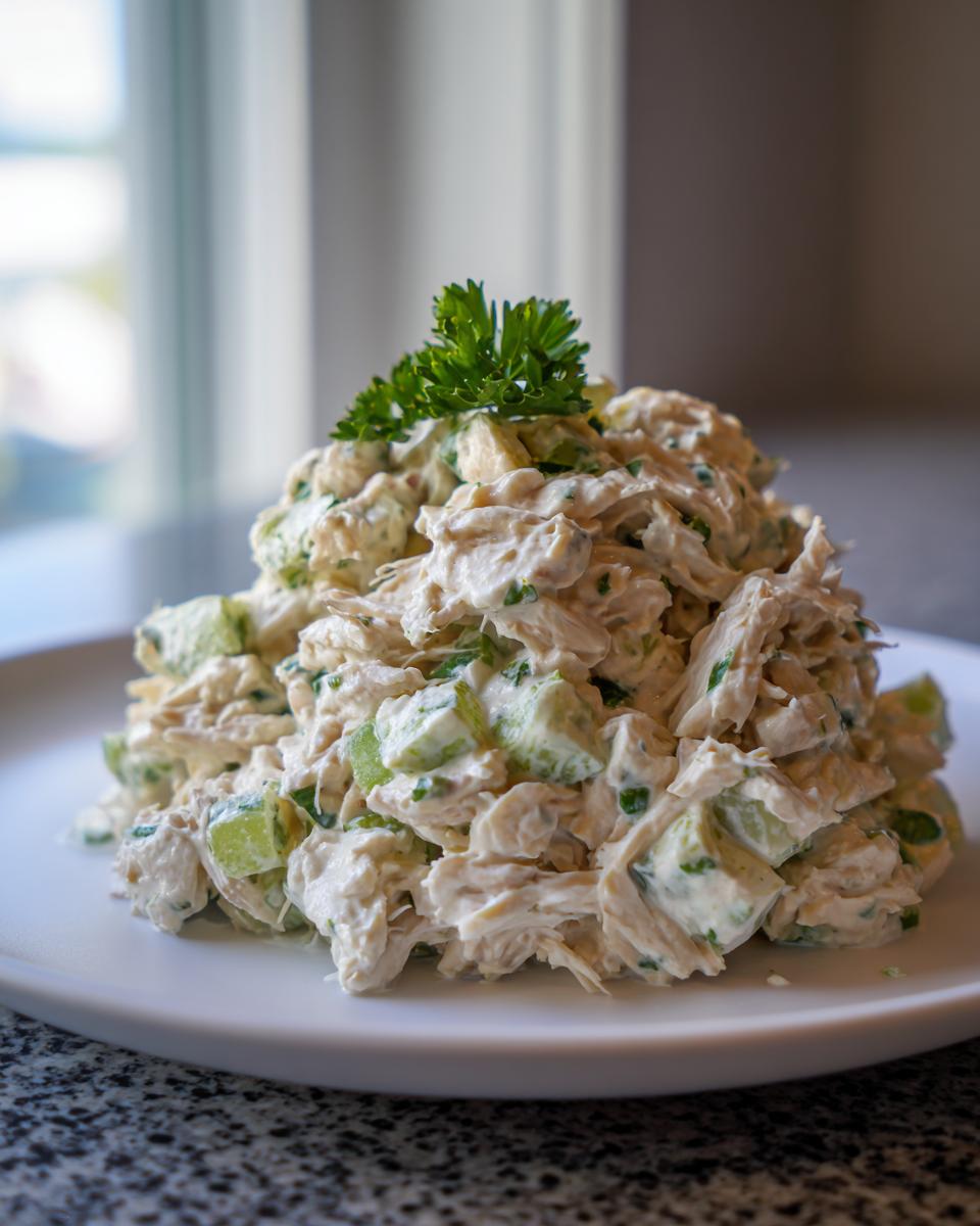 A mound of creamy greek yogurt chicken salad mixed with celery chunks, garnished with fresh parsley on a white plate.