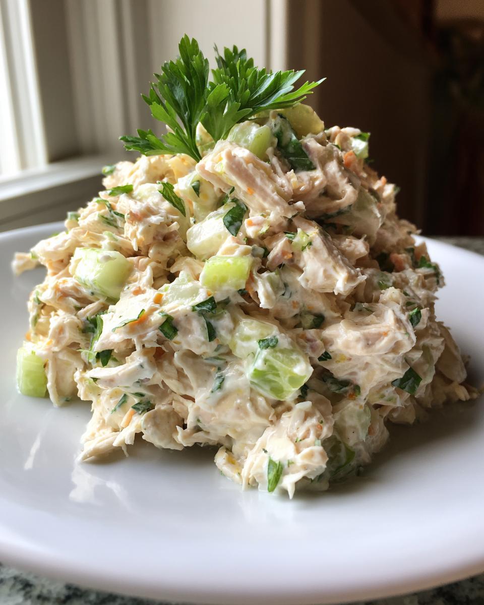 A close-up of a generous serving of greek yogurt chicken salad, mixed with celery and herbs, topped with fresh parsley.