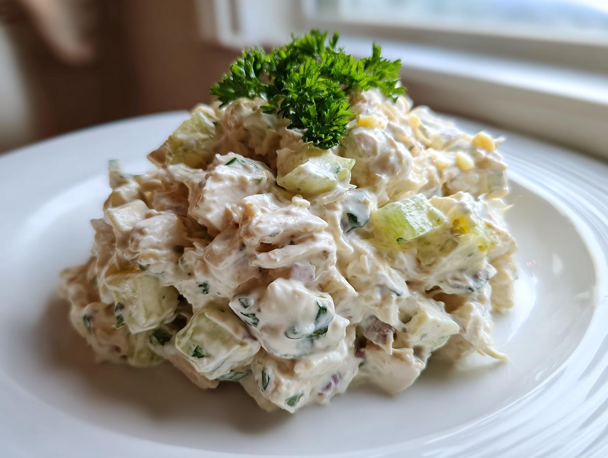 A mound of creamy greek yogurt chicken salad mixed with celery and topped with fresh parsley on a white plate.