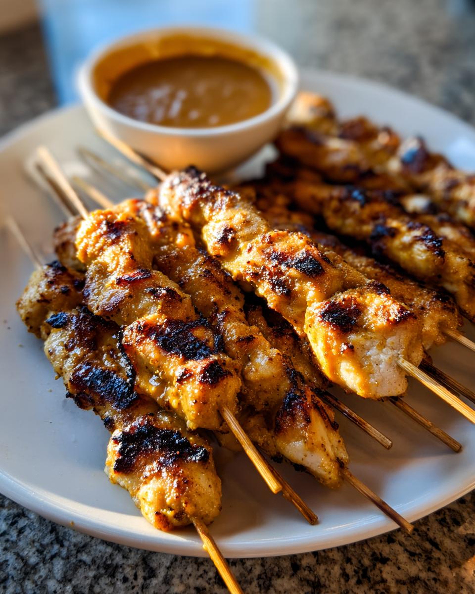 Close-up of grilled chicken satay skewers on a white plate next to a small bowl of peanut dipping sauce.
