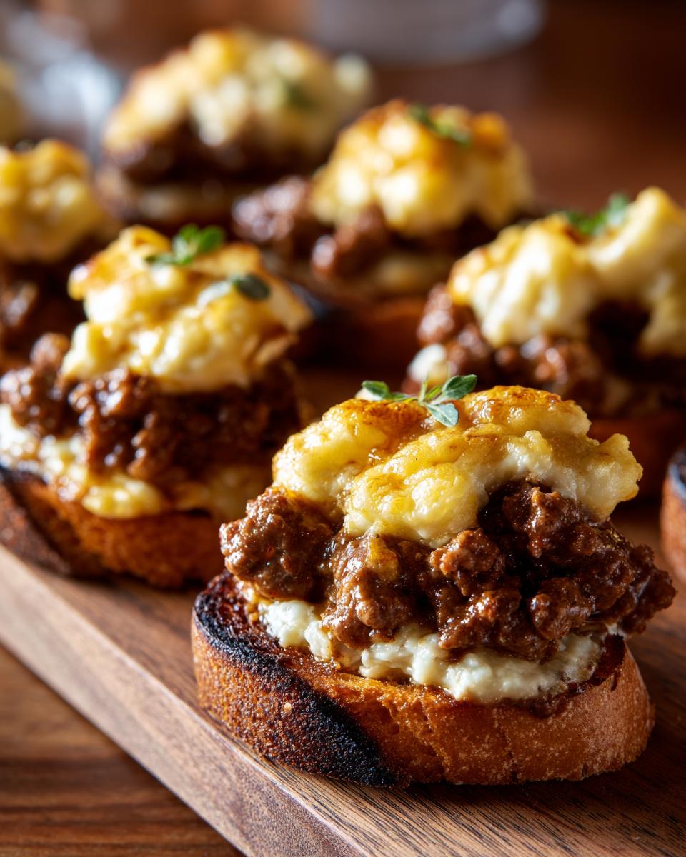 Close-up of toasted bread topped with white cheese, savory meat mixture, and melted topping for the hanky panky recipe.