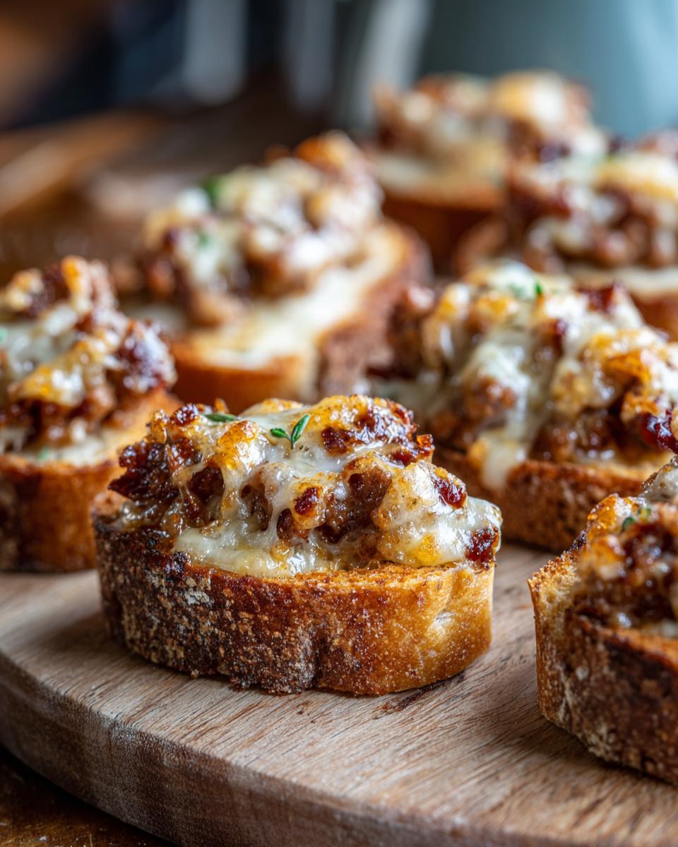 Close-up of cheesy, savory topping on toasted bread slices, part of the hanky panky recipe.