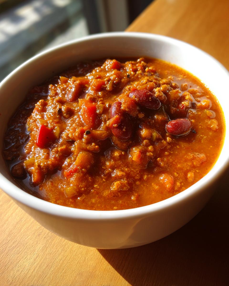 Close-up of a white bowl filled with rich, thick pumpkin chili featuring ground meat and kidney beans.
