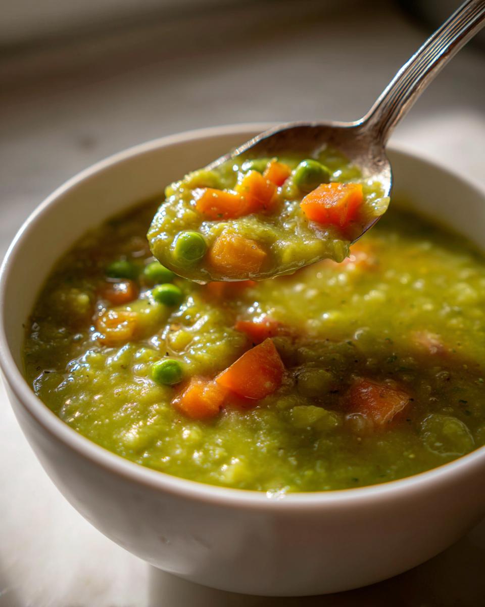 A spoonful of thick, green pea soup with visible chunks of carrot and whole peas being lifted from a white bowl.