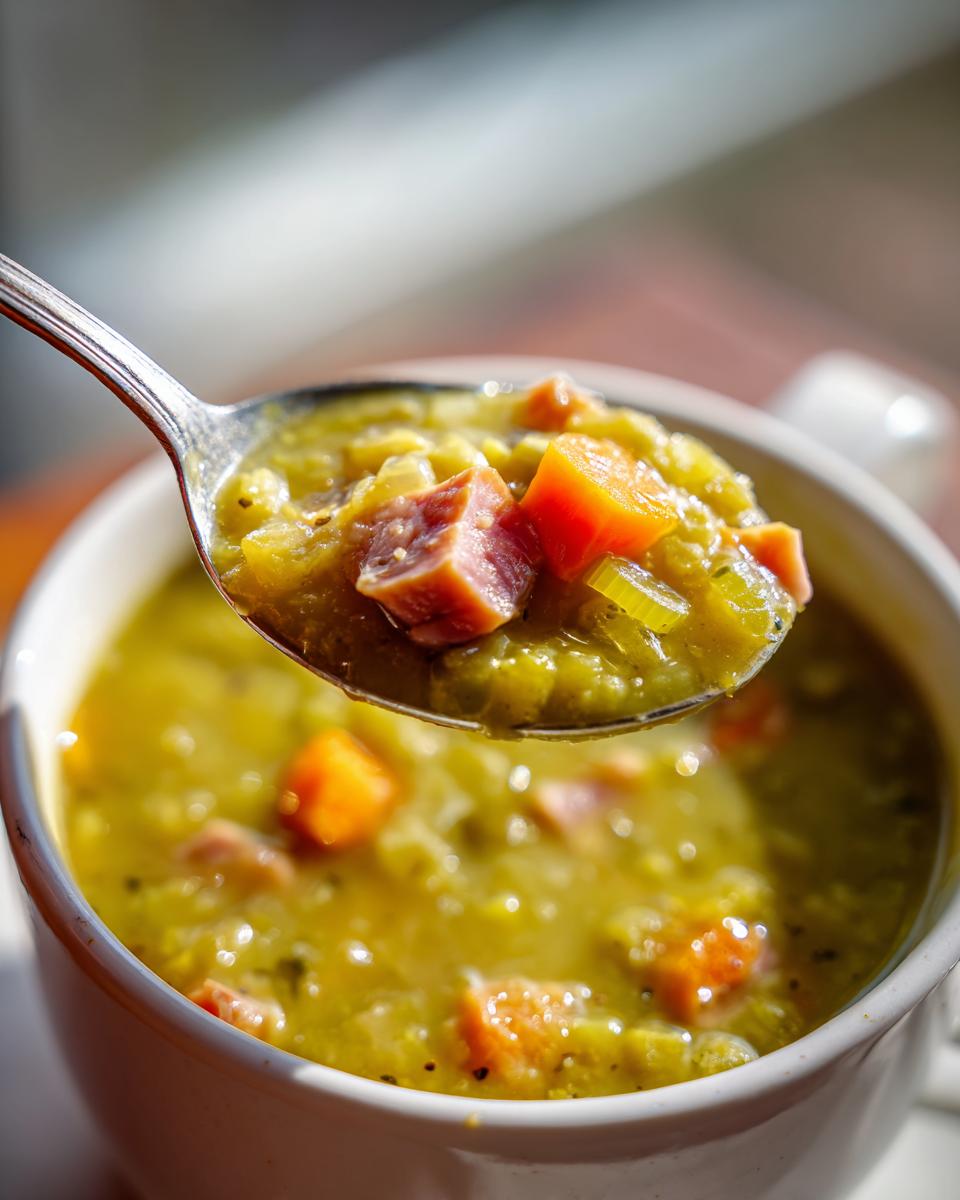 A spoonful of thick, green pea soup featuring chunks of ham and bright orange carrots being lifted from a white bowl.
