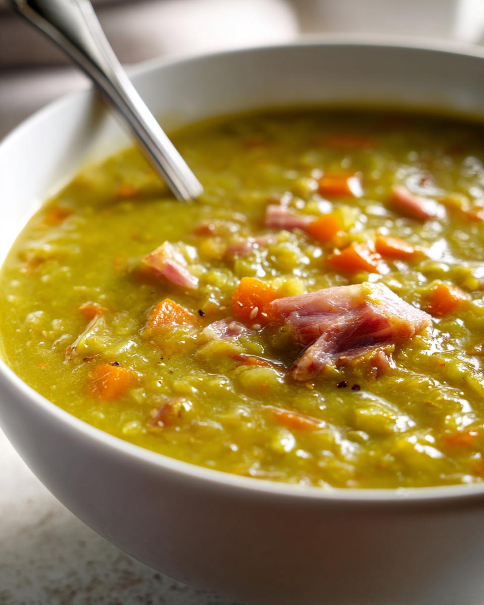 Close-up of a thick, green pea soup in a white bowl, featuring chunks of ham and diced carrots.