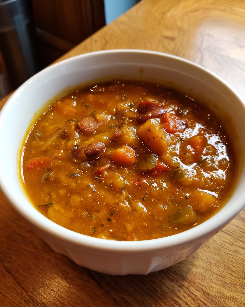 Close-up of a white bowl filled with thick, orange pumpkin chili containing visible chunks of beans and vegetables.