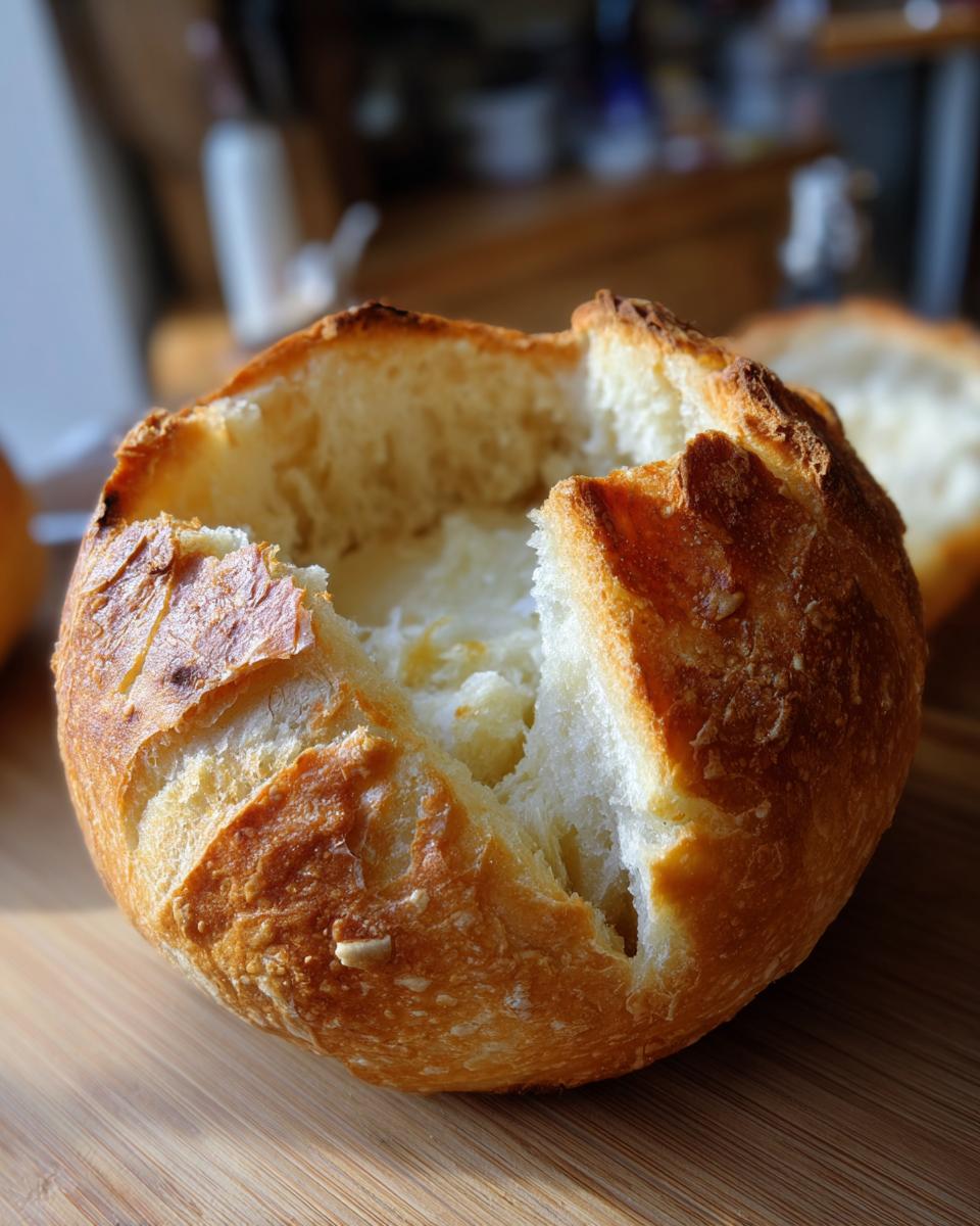 Close-up of a freshly baked round loaf with the top cut out to create a bread bowl.