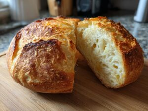 A round loaf of homemade bread, likely for bread bowls, sliced open to show the airy interior and golden, crusty top.